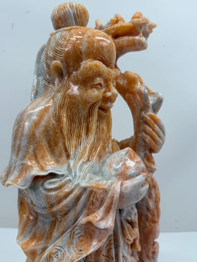 Vintage Asian Carved Stone Sculpture Of Shou Lao (Taoist God Of Longevity) On Stone Base Weighs 27lbs 16'H (RSF) [Photo 10]