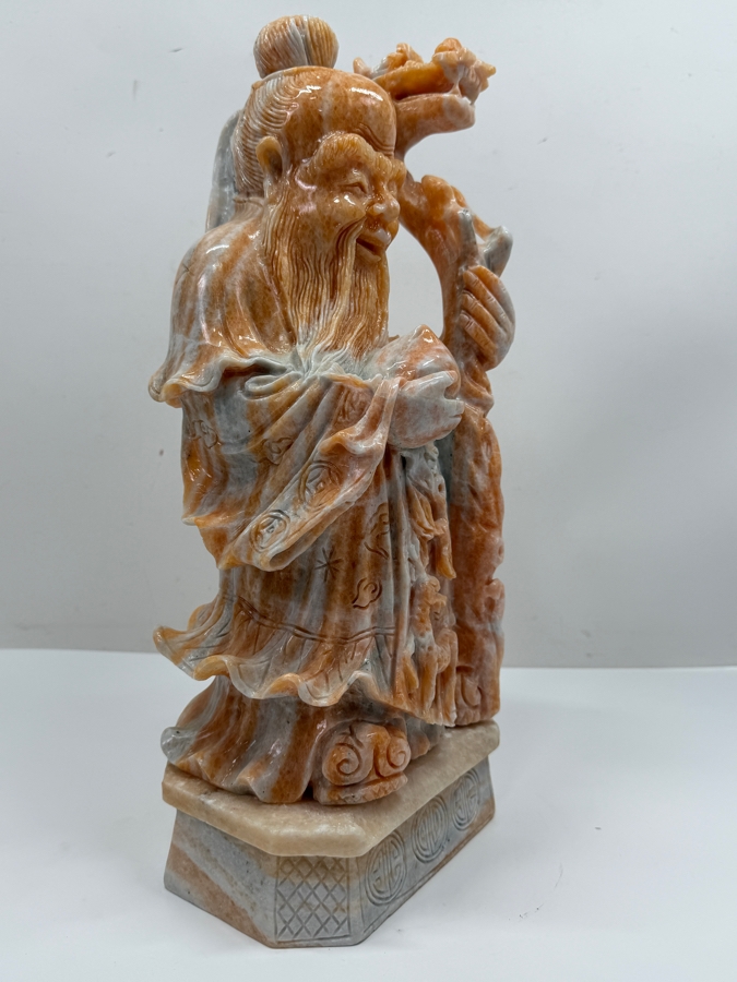 Vintage Asian Carved Stone Sculpture Of Shou Lao (Taoist God Of Longevity) On Stone Base Weighs 27lbs 16'H (RSF) [Photo 9]