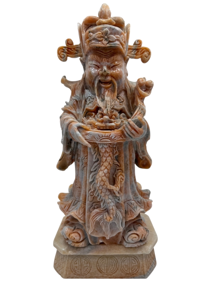 Vintage Asian Carved Stone Sculpture Of Cai Shen (Chinese God Of Wealth) On Stone Base Weighs 27lbs 16.5'H (RSF)