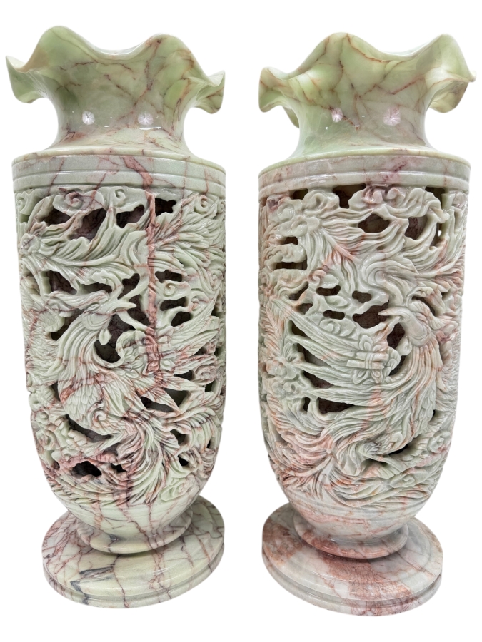 Impressive Large Pair Of Hand Carved Vietnamese Soapstone Vases Featuring An Intricate Phoenix And Foliage Motifs With 'Jali' Undercut Carvings 7.5'W X 19'H (RSF)