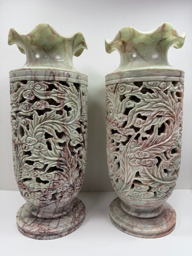 Impressive Large Pair Of Hand Carved Vietnamese Soapstone Vases Featuring An Intricate Phoenix And Foliage Motifs With 'Jali' Undercut Carvings 7.5'W X 19'H (RSF) [Photo 10]