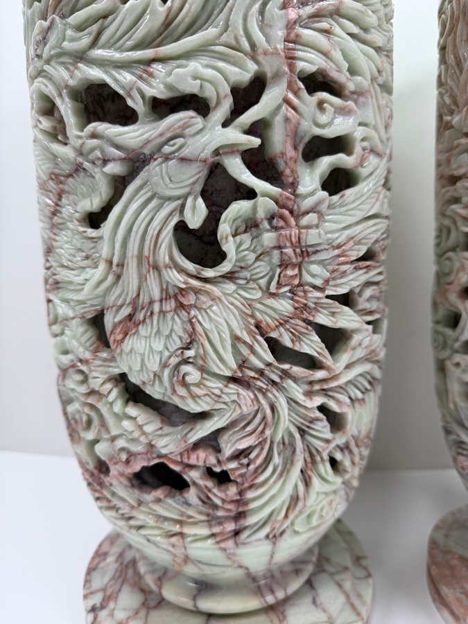 Impressive Large Pair Of Hand Carved Vietnamese Soapstone Vases Featuring An Intricate Phoenix And Foliage Motifs With 'Jali' Undercut Carvings 7.5'W X 19'H (RSF) [Photo 5]