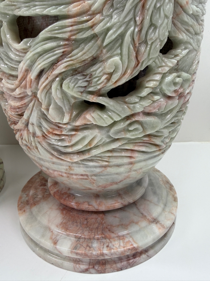 Impressive Large Pair Of Hand Carved Vietnamese Soapstone Vases Featuring An Intricate Phoenix And Foliage Motifs With 'Jali' Undercut Carvings 7.5'W X 19'H (RSF) [Photo 4]