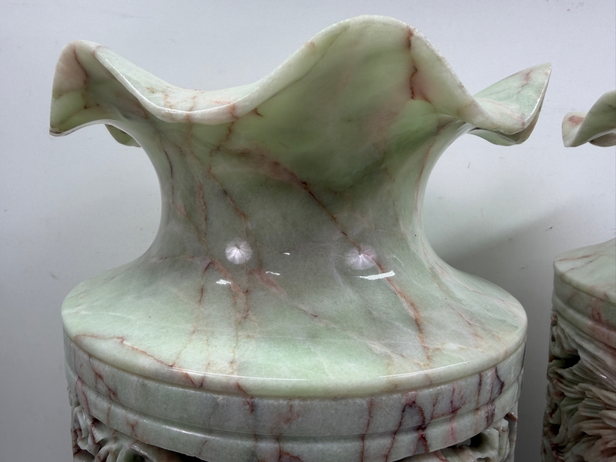 Impressive Large Pair Of Hand Carved Vietnamese Soapstone Vases Featuring An Intricate Phoenix And Foliage Motifs With 'Jali' Undercut Carvings 7.5'W X 19'H (RSF) [Photo 11]