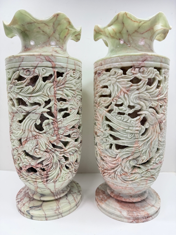 Impressive Large Pair Of Hand Carved Vietnamese Soapstone Vases Featuring An Intricate Phoenix And Foliage Motifs With 'Jali' Undercut Carvings 7.5'W X 19'H (RSF) [Photo 2]