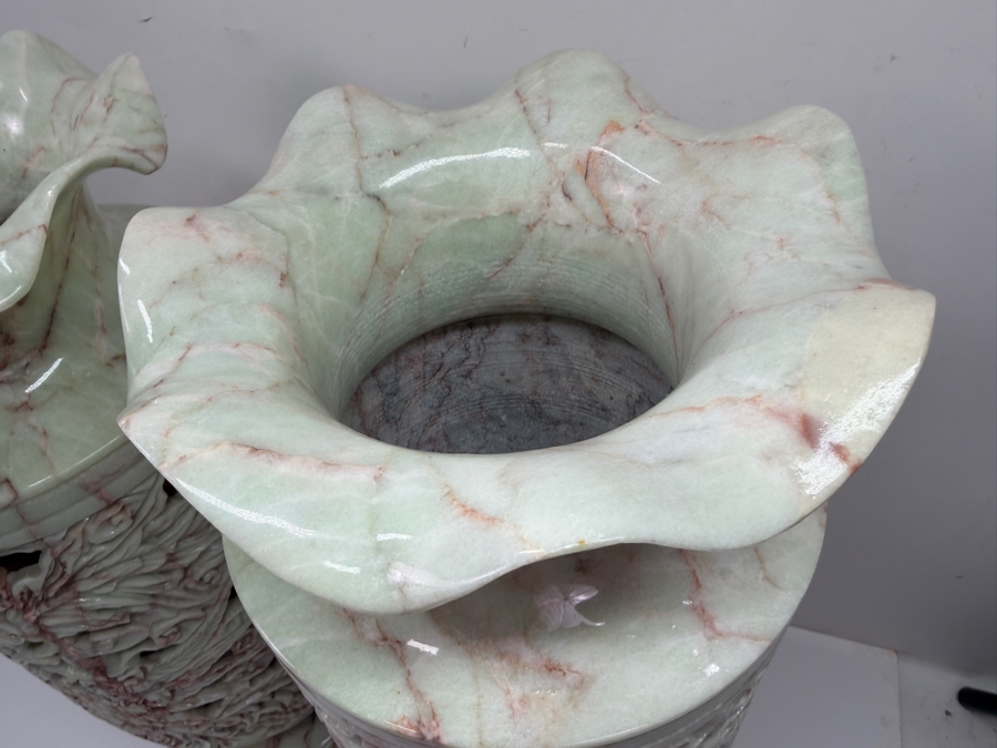 Impressive Large Pair Of Hand Carved Vietnamese Soapstone Vases Featuring An Intricate Phoenix And Foliage Motifs With 'Jali' Undercut Carvings 7.5'W X 19'H (RSF) [Photo 8]