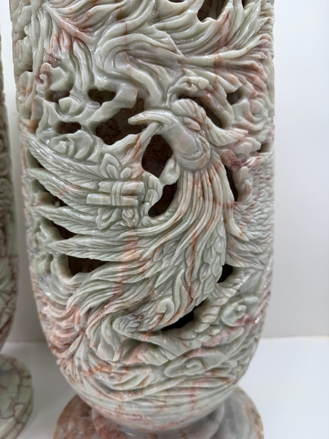 Impressive Large Pair Of Hand Carved Vietnamese Soapstone Vases Featuring An Intricate Phoenix And Foliage Motifs With 'Jali' Undercut Carvings 7.5'W X 19'H (RSF) [Photo 3]