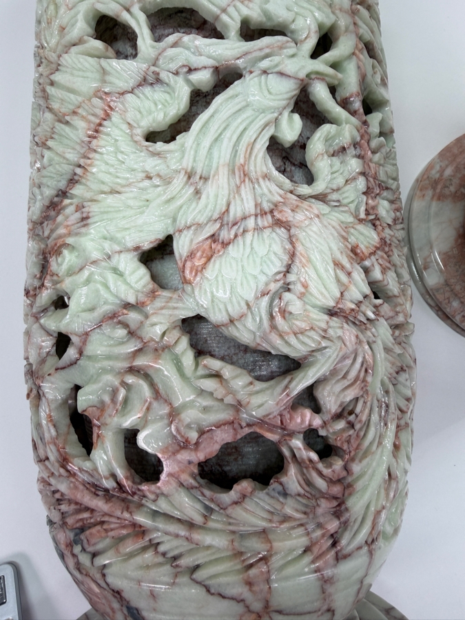 Impressive Large Pair Of Hand Carved Vietnamese Soapstone Vases Featuring An Intricate Phoenix And Foliage Motifs With 'Jali' Undercut Carvings 7.5'W X 19'H (RSF) [Photo 15]