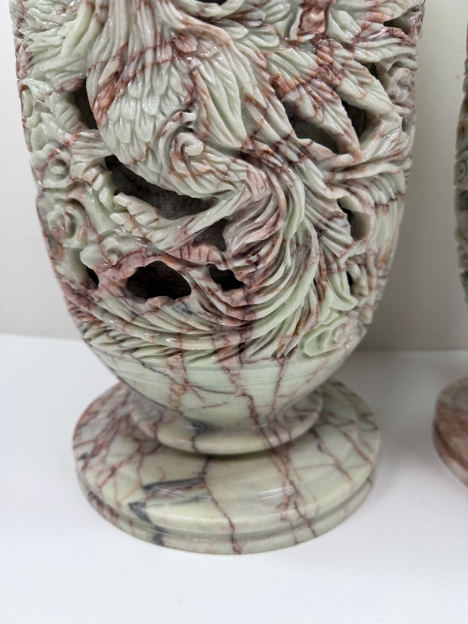 Impressive Large Pair Of Hand Carved Vietnamese Soapstone Vases Featuring An Intricate Phoenix And Foliage Motifs With 'Jali' Undercut Carvings 7.5'W X 19'H (RSF) [Photo 6]