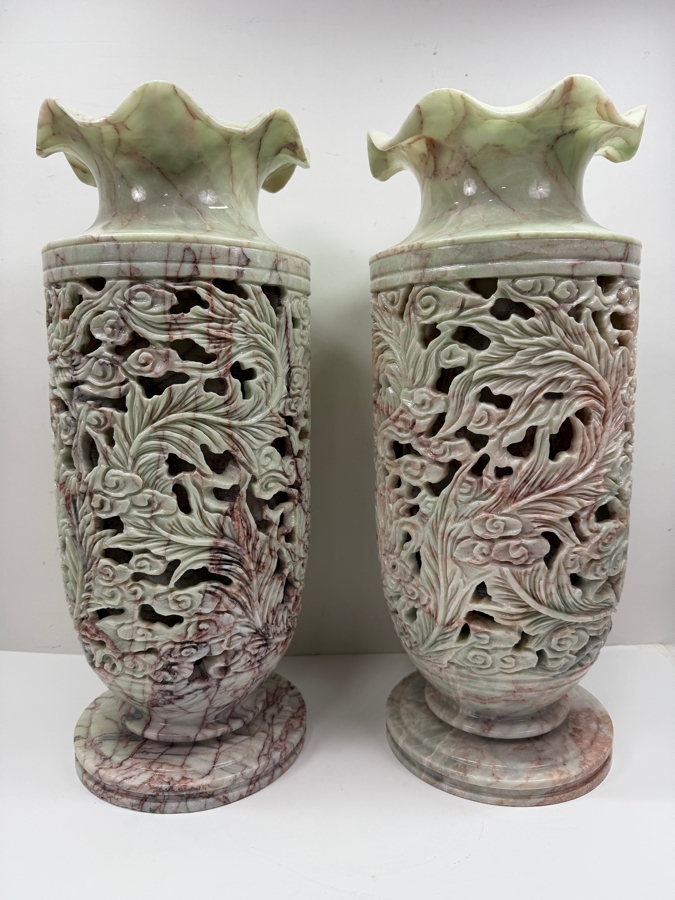 Impressive Large Pair Of Hand Carved Vietnamese Soapstone Vases Featuring An Intricate Phoenix And Foliage Motifs With 'Jali' Undercut Carvings 7.5'W X 19'H (RSF) [Photo 9]
