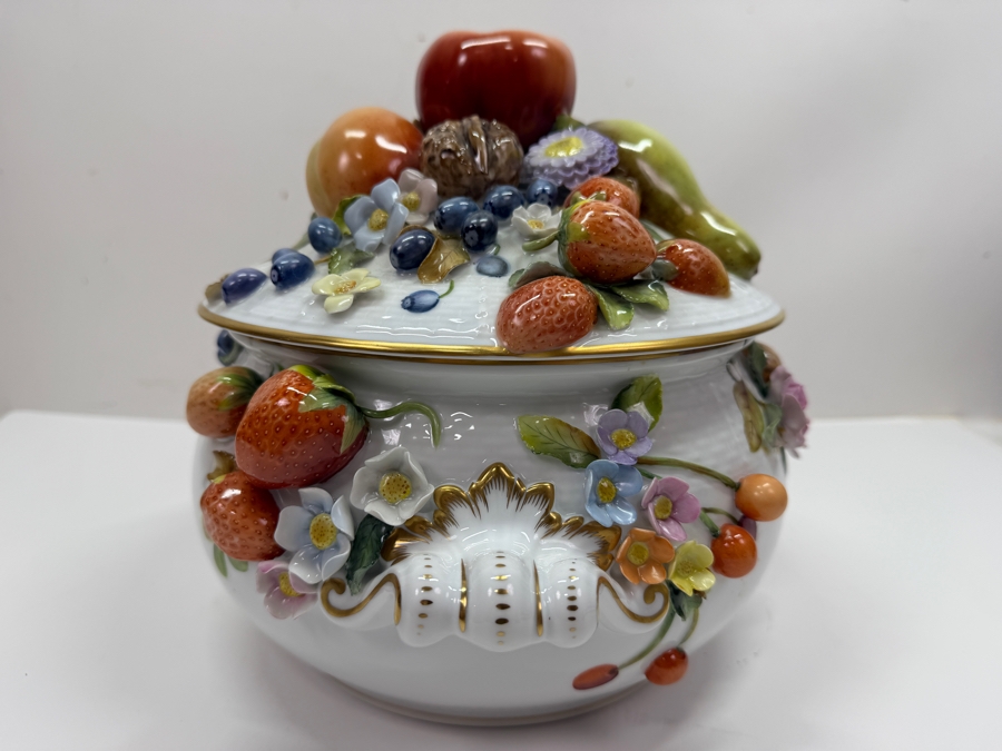 Herend Hungary Hand Painted 'First Edition' Porcelain Soup Tureen With Fruit Applications 12W X 9.5H Retails $5,760 (RSF) [Photo 5]
