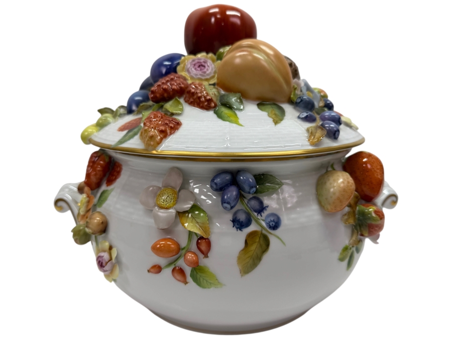 Herend Hungary Hand Painted 'First Edition' Porcelain Soup Tureen With Fruit Applications 12W X 9.5H Retails $5,760 (RSF)