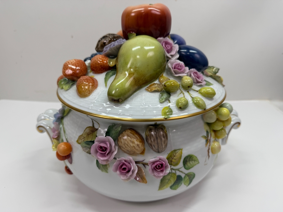 Herend Hungary Hand Painted 'First Edition' Porcelain Soup Tureen With Fruit Applications 12W X 9.5H Retails $5,760 (RSF) [Photo 3]