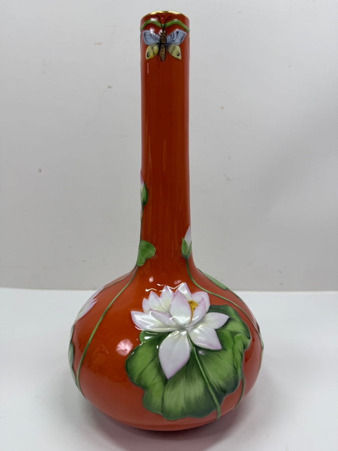Rare Herend Hungary Hand Painted Porcelain Water Lily & Butterflies In Relief Vase 11.25'H (RSF) [Photo 3]