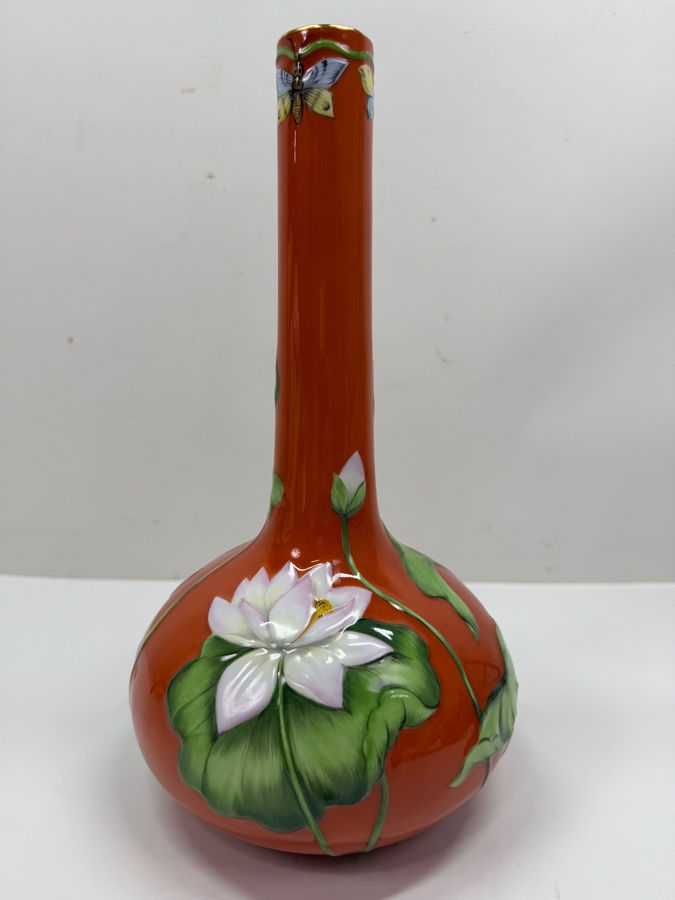 Rare Herend Hungary Hand Painted Porcelain Water Lily & Butterflies In Relief Vase 11.25'H (RSF) [Photo 4]