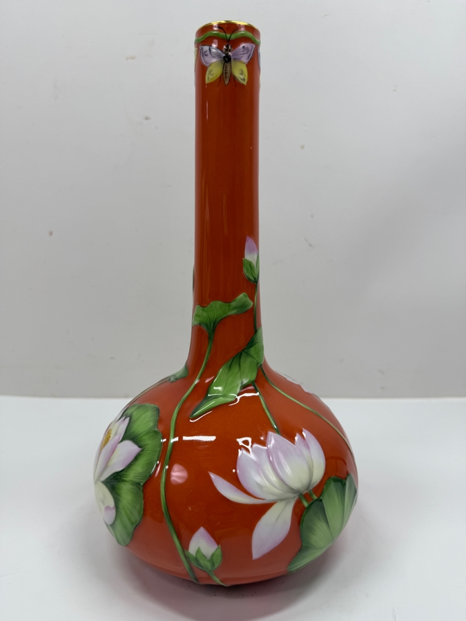 Rare Herend Hungary Hand Painted Porcelain Water Lily & Butterflies In Relief Vase 11.25'H (RSF) [Photo 2]