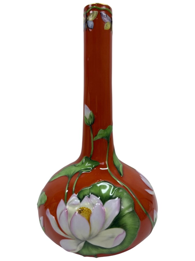 Rare Herend Hungary Hand Painted Porcelain Water Lily & Butterflies In Relief Vase 11.25'H (RSF)
