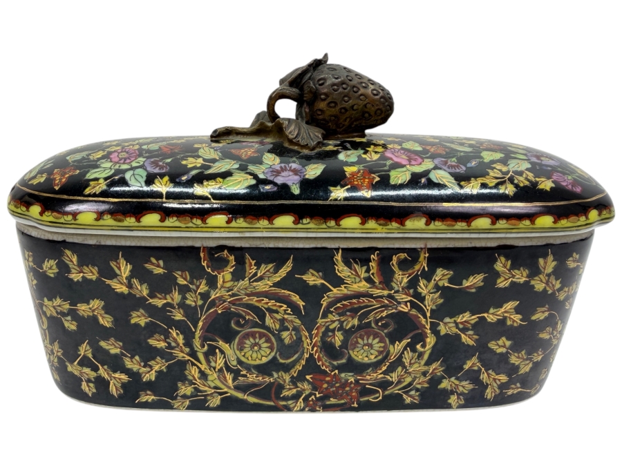 Chinese Hand Painted Covered Box With Metal Strawberry Finial 8.5W X 3.5D X 5H (RSF)