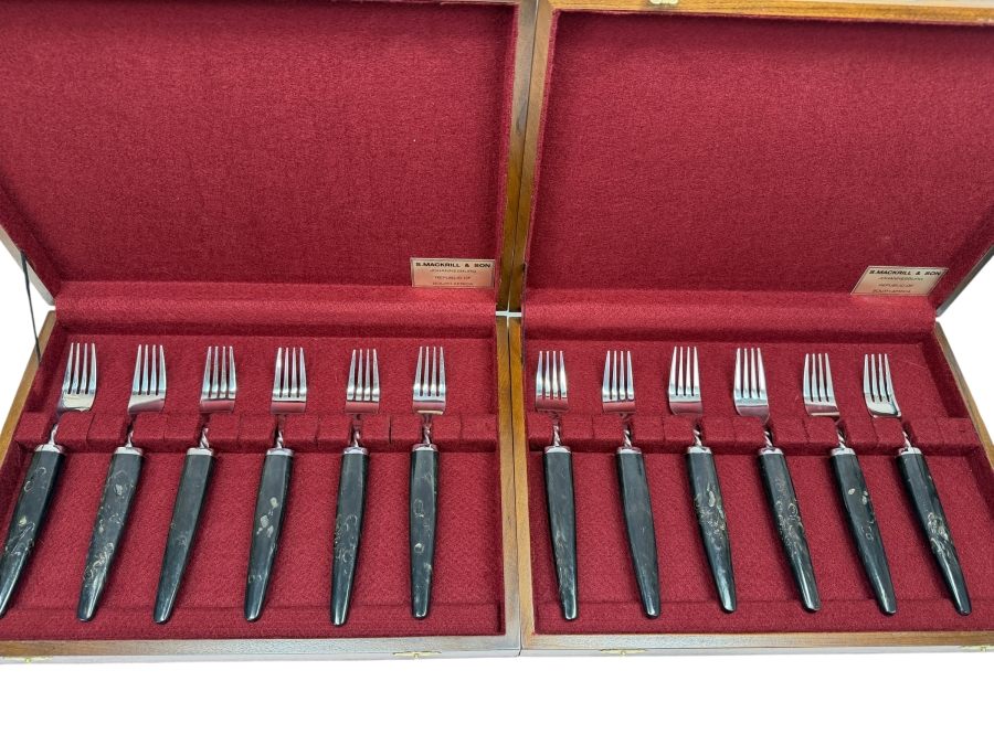 Pair Of Boxed Sets Of (12) Total S. Mackrill & Son Custom Forks With Horn Handles (RSF)