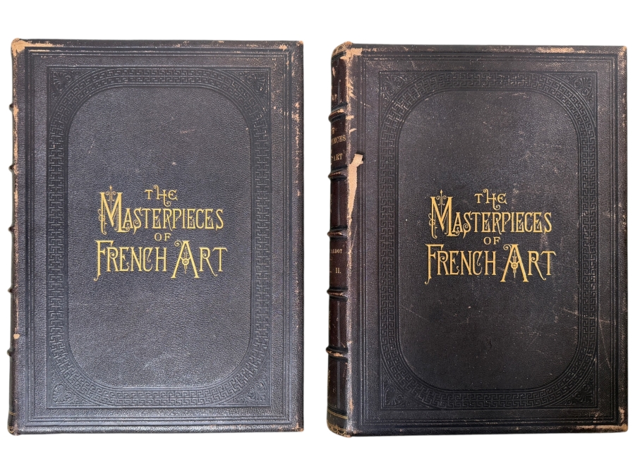 Pair Of Antique 1883 Large Leatherbound Hardcover Books The Masterpieces Of French Art Illustrated By Louis Viardot Published By Gebbie & Co. Publishers Philadelphia Volumes I & II (RSF)