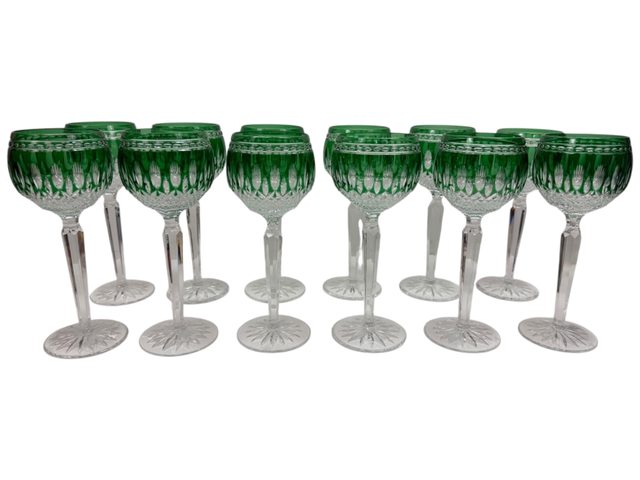 (12) Vintage Waterford Crystal Clarendon Emerald Green Cut To Clear Wine Glasses 8'H Replacements Value Of $2,860 (RSF)