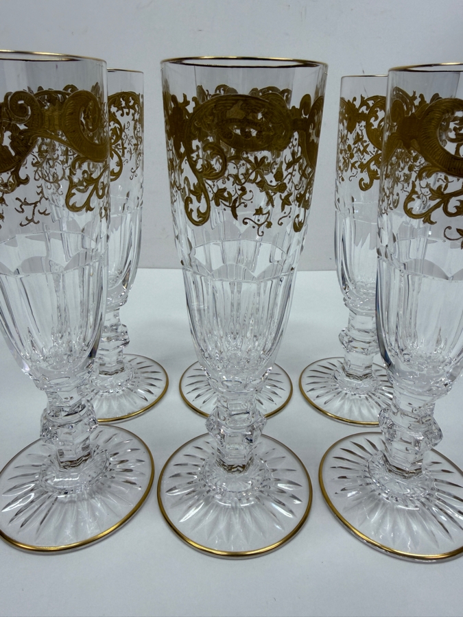 Saint-Louis France Crystal Trianon Gold Champagne Flutes With 24k Gold Accents 7'H Retails $3,600 (RSF) [Photo 4]