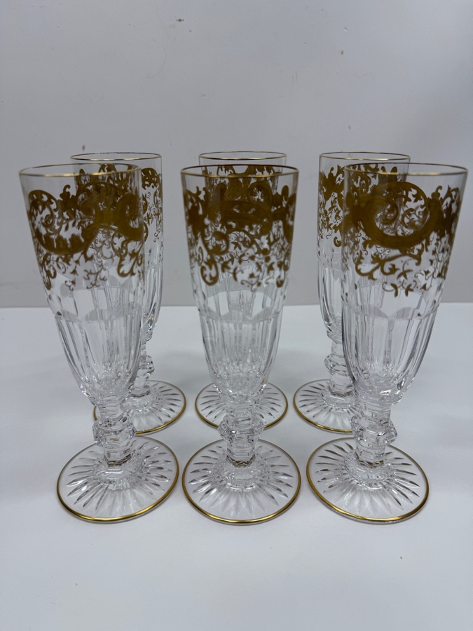 Saint-Louis France Crystal Trianon Gold Champagne Flutes With 24k Gold Accents 7'H Retails $3,600 (RSF) [Photo 5]