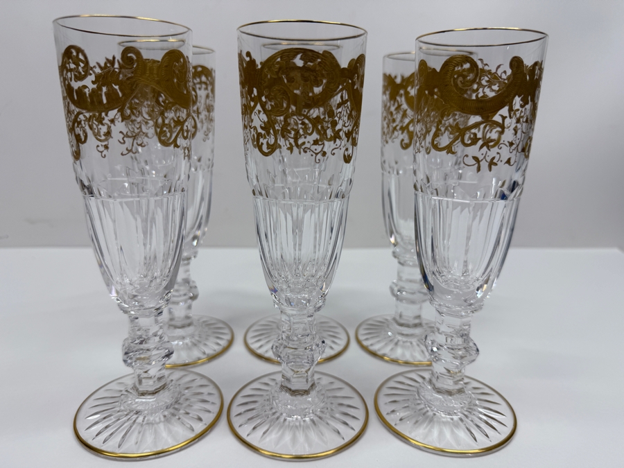 Saint-Louis France Crystal Trianon Gold Champagne Flutes With 24k Gold Accents 7'H Retails $3,600 (RSF) [Photo 6]