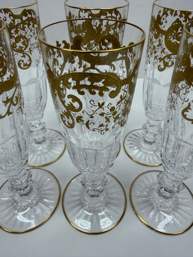 Saint-Louis France Crystal Trianon Gold Champagne Flutes With 24k Gold Accents 7'H Retails $3,600 (RSF) [Photo 3]