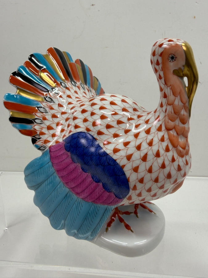 Herend Hungary Hand Painted Porcelain Turkey Figurine Rust Fishnet Pattern With 24k Gold Accents 4.5W X 5H Retails $755 (RSF) [Photo 2]