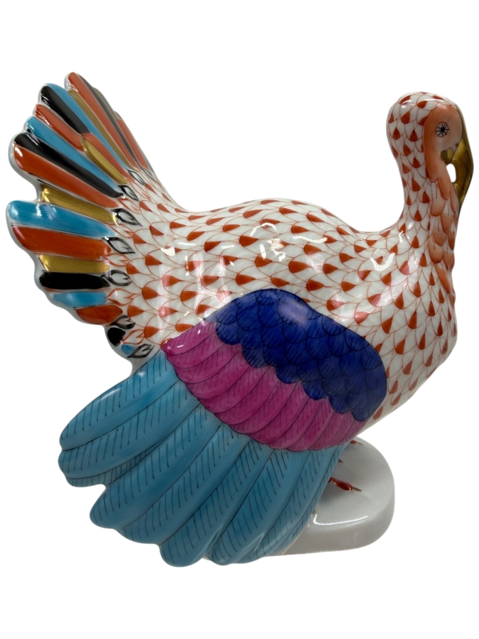 Herend Hungary Hand Painted Porcelain Turkey Figurine Rust Fishnet Pattern With 24k Gold Accents 4.5W X 5H Retails $755 (RSF)