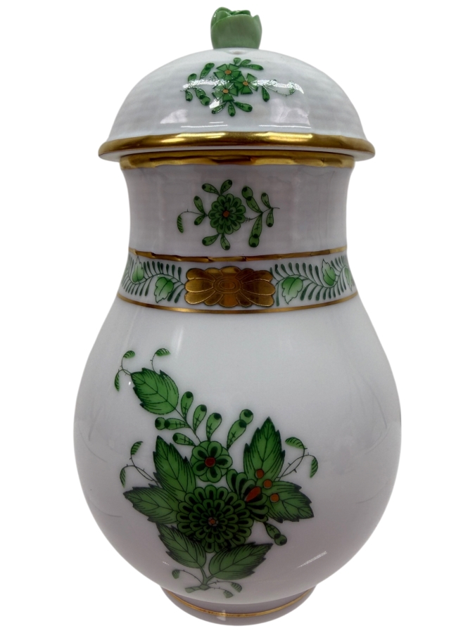 Herend Hungary Hand Painted Porcelain Sugar Shaker In The Chinese Bouquet Green Pattern With 24k Gold Accents 5H (RSF)