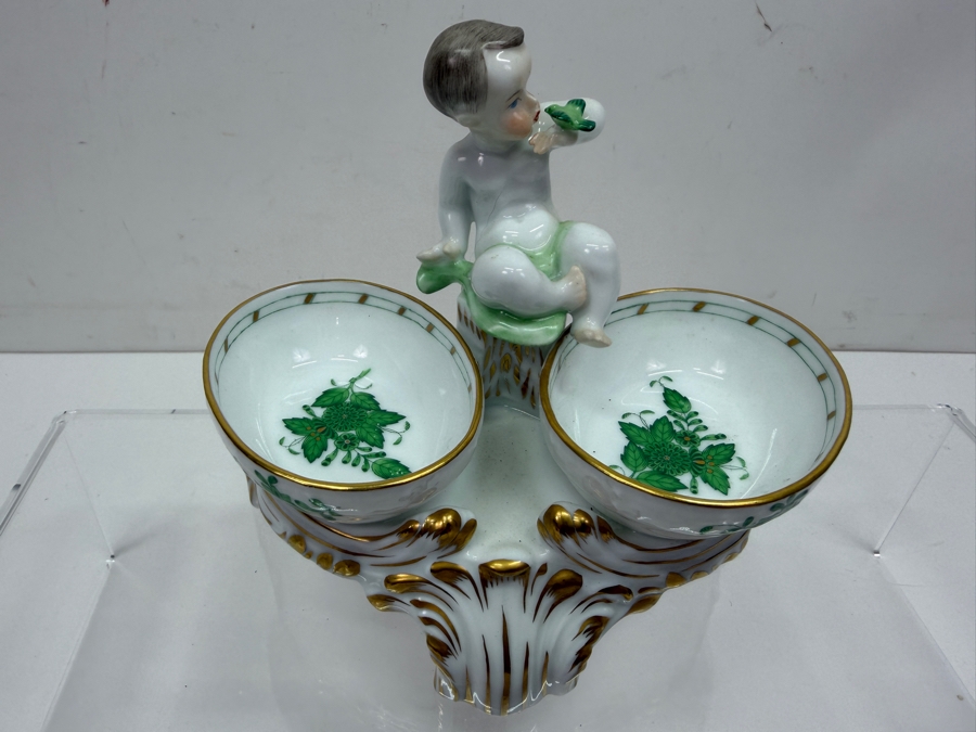 Herend Hungary Hand Painted Porcelain Double Salt Cellar In The Chinese Bouquet Green Pattern With 24k Gold Accents 5.5W X 4.5H (RSF) [Photo 2]