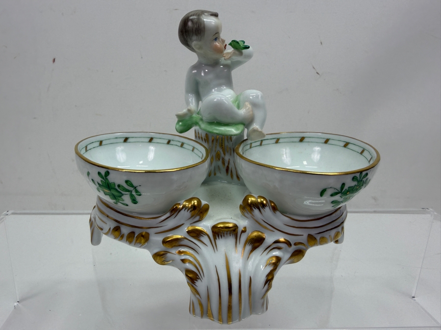 Herend Hungary Hand Painted Porcelain Double Salt Cellar In The Chinese Bouquet Green Pattern With 24k Gold Accents 5.5W X 4.5H (RSF) [Photo 6]