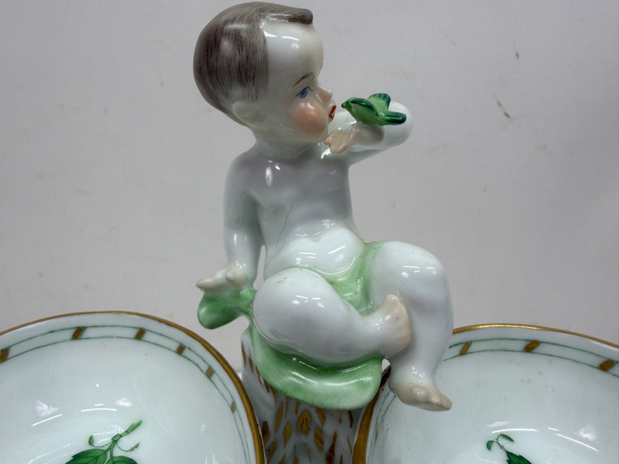 Herend Hungary Hand Painted Porcelain Double Salt Cellar In The Chinese Bouquet Green Pattern With 24k Gold Accents 5.5W X 4.5H (RSF) [Photo 3]