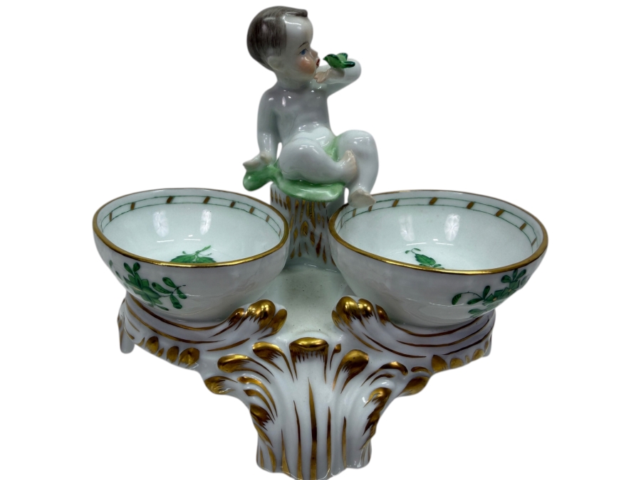 Herend Hungary Hand Painted Porcelain Double Salt Cellar In The Chinese Bouquet Green Pattern With 24k Gold Accents 5.5W X 4.5H (RSF)
