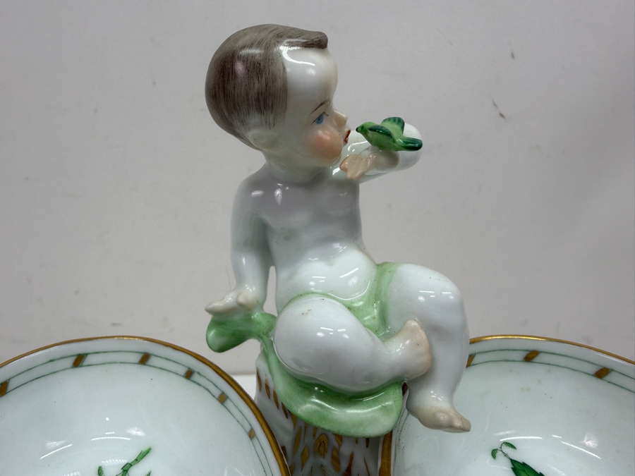 Herend Hungary Hand Painted Porcelain Double Salt Cellar In The Chinese Bouquet Green Pattern With 24k Gold Accents 5.5W X 4.5H (RSF) [Photo 7]