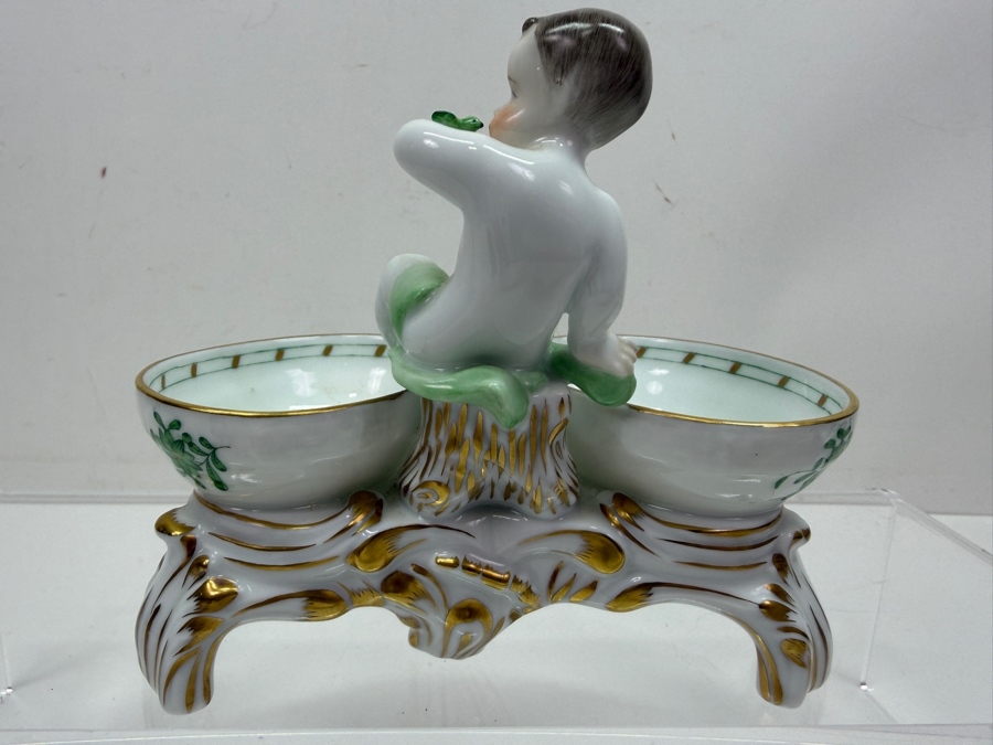 Herend Hungary Hand Painted Porcelain Double Salt Cellar In The Chinese Bouquet Green Pattern With 24k Gold Accents 5.5W X 4.5H (RSF) [Photo 5]