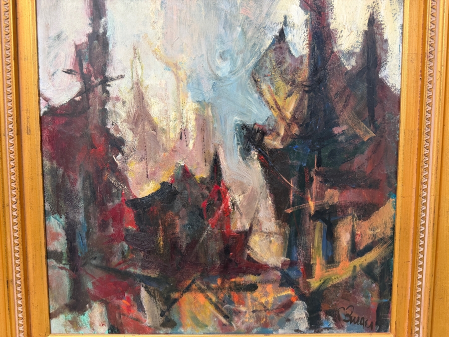 Original Abstract Oil Painting On Board Signed Lower Right Artist Signature Illegible 24 X 24 Framed 36 X 36 (RSF) [Photo 6]