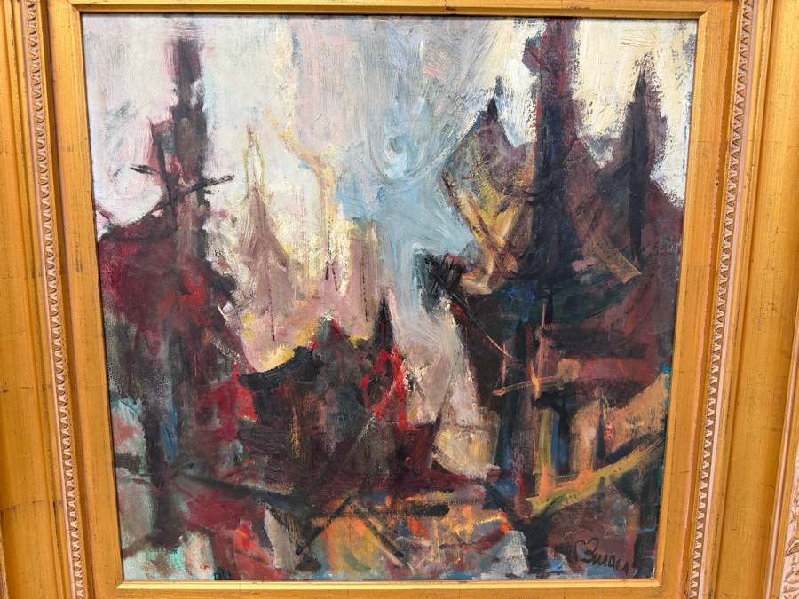 Original Abstract Oil Painting On Board Signed Lower Right Artist Signature Illegible 24 X 24 Framed 36 X 36 (RSF) [Photo 3]