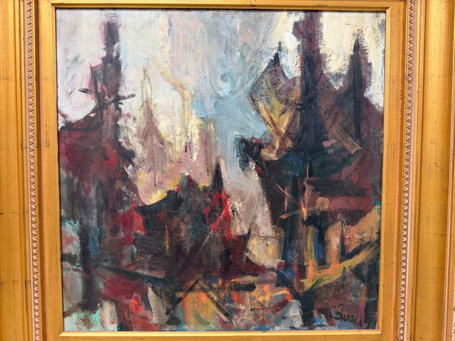 Original Abstract Oil Painting On Board Signed Lower Right Artist Signature Illegible 24 X 24 Framed 36 X 36 (RSF) [Photo 5]