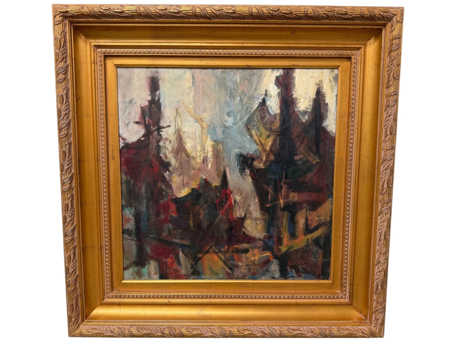 Original Abstract Oil Painting On Board Signed Lower Right Artist Signature Illegible 24 X 24 Framed 36 X 36 (RSF)