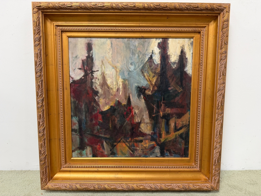 Original Abstract Oil Painting On Board Signed Lower Right Artist Signature Illegible 24 X 24 Framed 36 X 36 (RSF) [Photo 2]