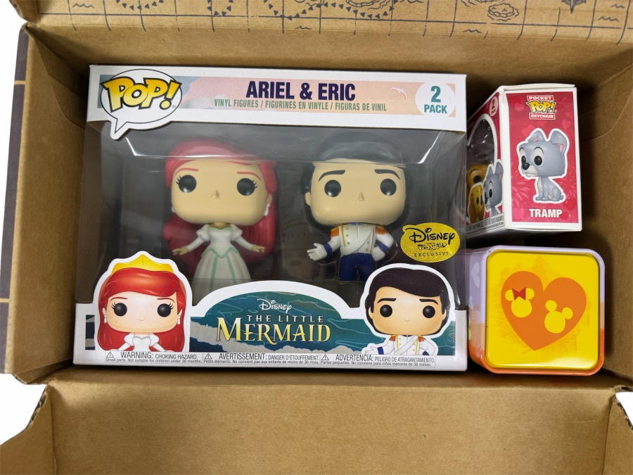 Funko Disney Treasures Ever After Castle Subscription Box Featuring Ariel And Prince Eric Wedding 2-Pack Pop! Figures And Tramp Pocket Pop! Keychain