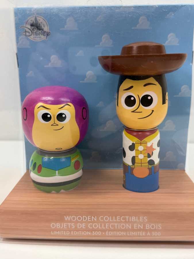 Disney Store D23 Expo 2017 Exclusive Toy Story Woody And Buzz Lightyear Wooden Collectibles Limited Edition Set Of 300 Featuring Hand-Painted Kokeshi Style Figures Retails $60 [Photo 2]