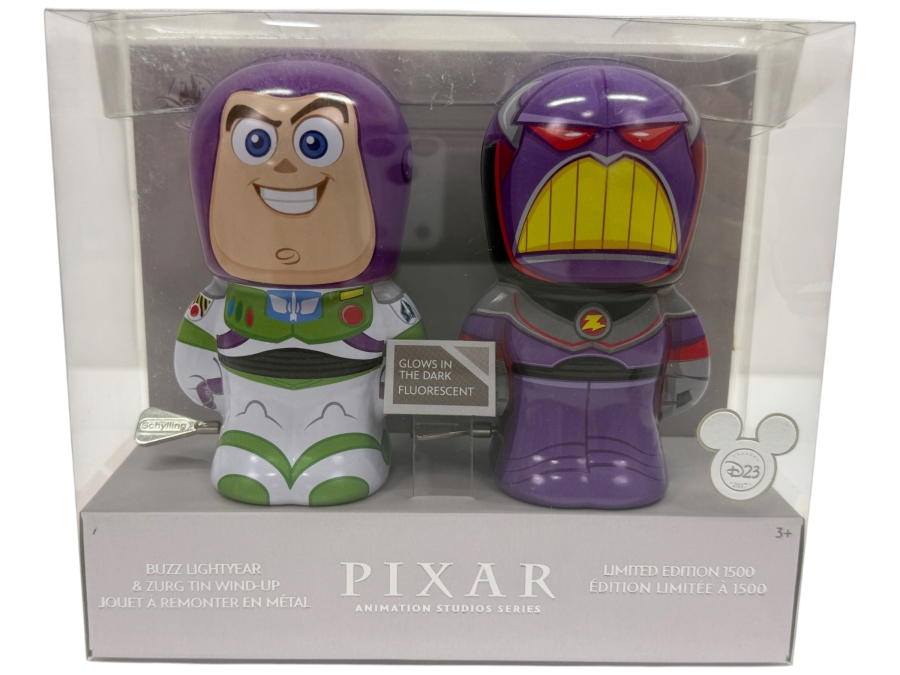 Pixar Animation Studios Series Buzz Lightyear & Zurg Tin Wind-Up Set - Limited Edition 1500 - 2017 D23 Expo Exclusive - Glow In The Dark Fluorescent Tin Walkers By Schylling
