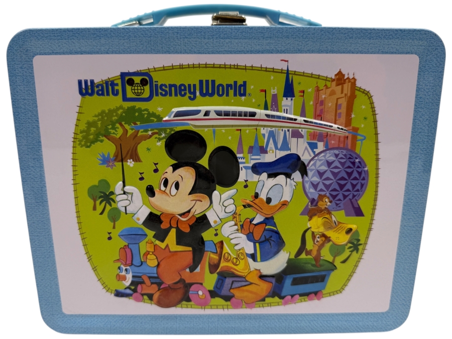 Walt Disney World 50th Anniversary Vault Collection Mickey & Friends Metal Lunch Box With Disney Trading Pins Inside Box - 2021 D23 Gold Member Exclusive - Retro Tin Lunchbox Collectible