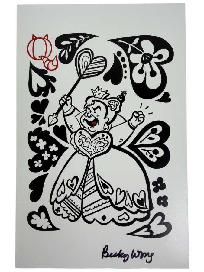 Disney Alice In Wonderland Queen Of Hearts Art Print - Hand-Signed By Artist Becky Wong - Black And White Stylized Playing Card Illustration Collectible
