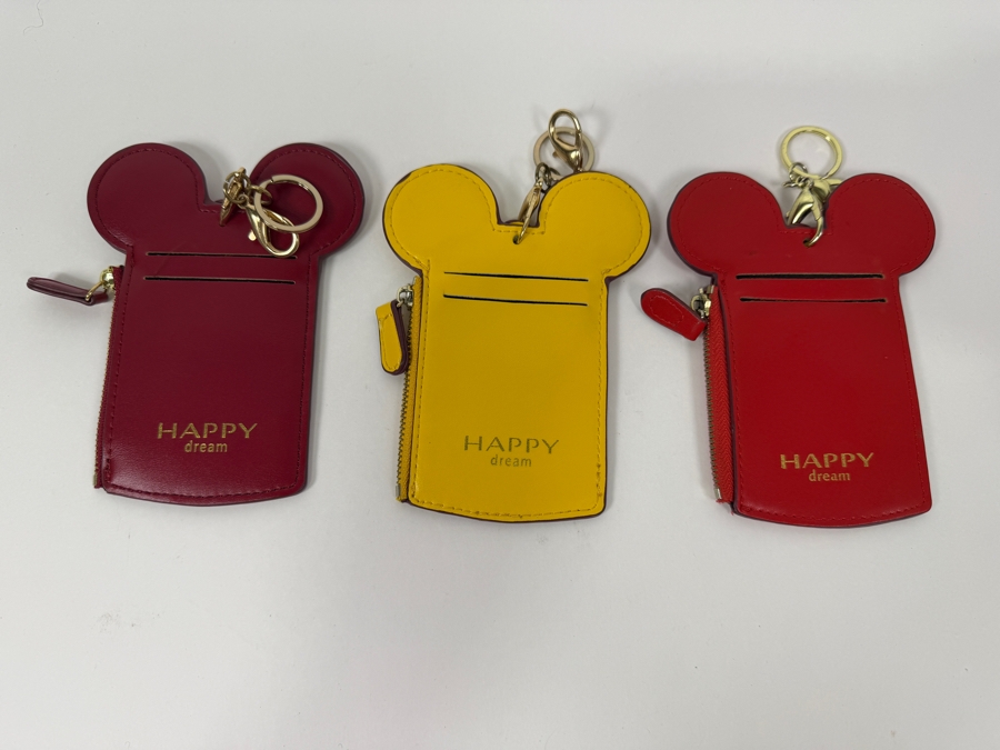 Happy Dream Disney Mickey Mouse Ears Lanyard ID Holder & Coin Purse Set - Faux Leather Triple Pack In Red, Yellow, And Maroon [Photo 3]