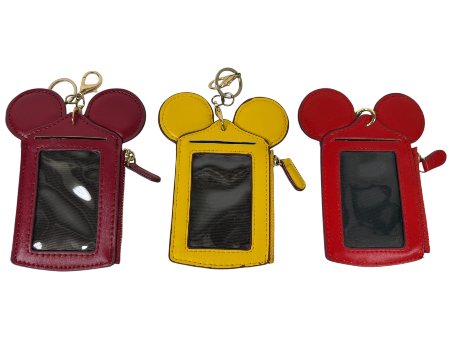 Happy Dream Disney Mickey Mouse Ears Lanyard ID Holder & Coin Purse Set - Faux Leather Triple Pack In Red, Yellow, And Maroon